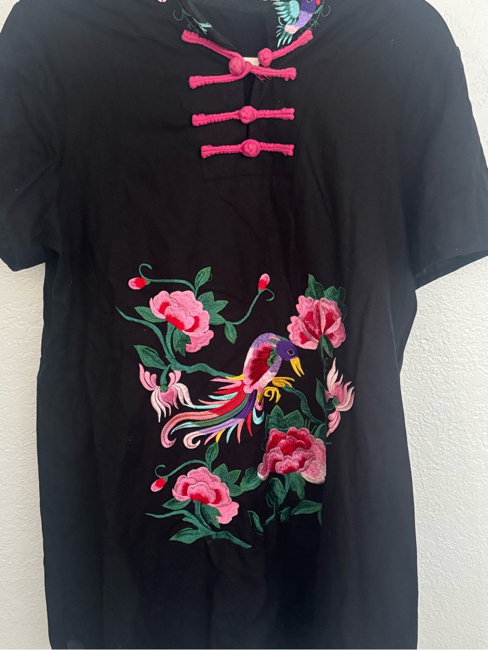 Black Embroidered Floral & Bird Top with Pink Accents